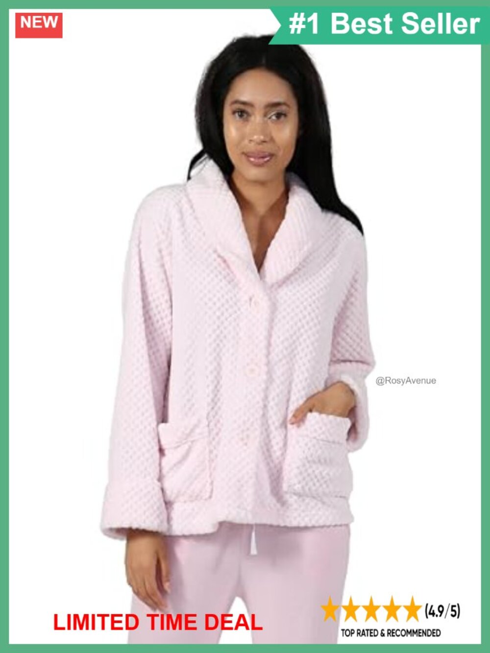 Fleece Bed Jacket Notched Collar Button Front Long Sleeve Pockets